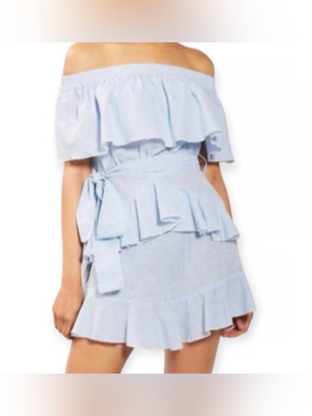 Top Shop Blue Stripe Off-Shoulder Ruffle Dress - Picture 2 of 4